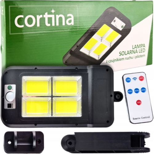 czarna lampa solarna led z czujnikiem ruchu, elementy do zawieszenia lampy,  pilot, oryginalne opakowanie