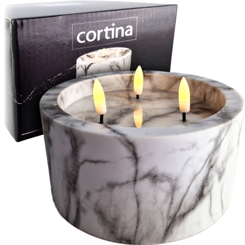 marmurkowa świeca led, 3 płomienie świecące w kolorze ciepłej bieli, oryginalne opakowanie, wysokość 9 cm średnica 15 cm