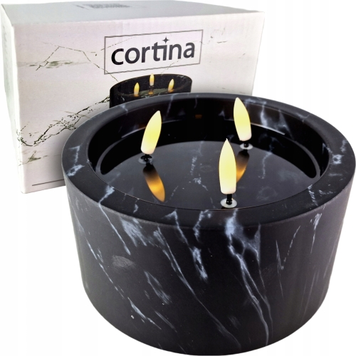 czarna świeczka marmurkowa led, 3 płomienie świecące w kolorze ciepłej bieli, wysokość 9 cm średnica 15 cm, oryginalne opakowanie