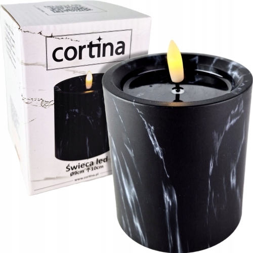 czarna marmurkowa świeca led, ciepły biały, oryginalne opakowanie, wysokość 10 cm średnica 9 cm