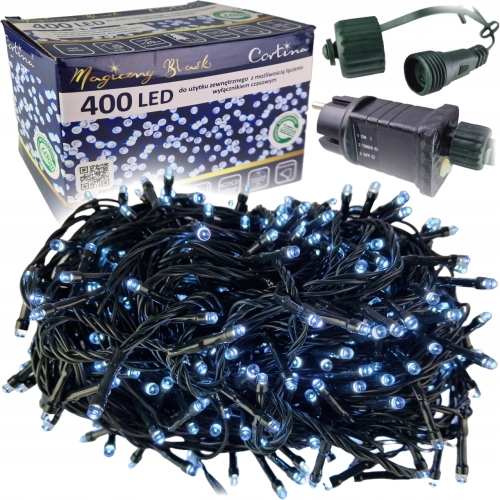 Lampki choinkowe 400 led  w kolorze zimnej bieli, ciemny kabel,  oryginalne pudełko oraz transformator