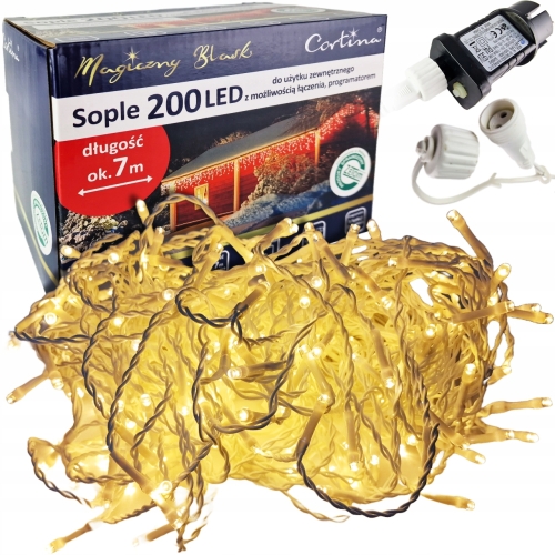 Lampki sople 200 led w kolorze ciepłej bieli, biały kabel. Oryginalne pudełko