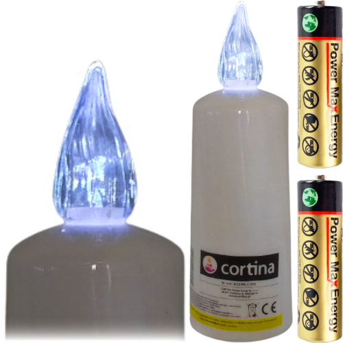 wysoki wkład led na białej podstawie, przeźroczysty płomień, zimny biały, baterie , wysokość  16 cm średnica 5 cm