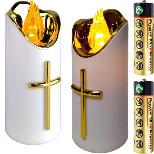 Świeczka biała led z złotym krzyżem, żółtym płomieniem,  z bateriami. Wysokość 12,5 cm średnica 5 cm