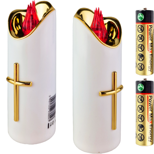 Świeczka biała led z złotym krzyżem, czerwonym płomieniem,  z bateriami. Wysokość 15 cm średnica 5 cm