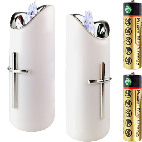 Świeczka biała led z srebrnym krzyżem, zimny biały płomień,  z bateriami. Wysokość 15 cm średnica 5 cm