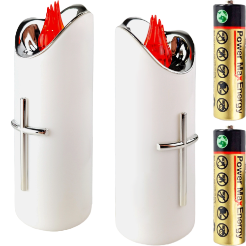 Świeczka biała led z srebrnym krzyżem, czerwonym płomieniem z bateriami. Wysokość 15 cm średnica 5 cm