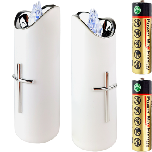 Świeczka biała led z srebrnym krzyżem, zimny biały płomień z bateriami. Wysokość 17 cm średnica 5 cm