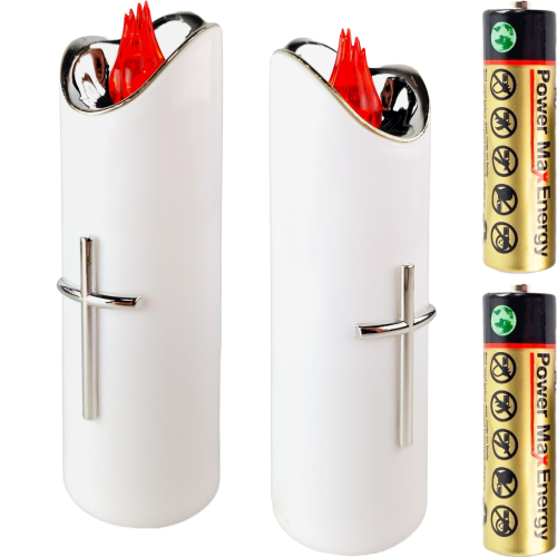 Świeczka biała led z srebrnym krzyżem, czerwonym płomieniem z bateriami. Wysokość 17 cm średnica 5 cm