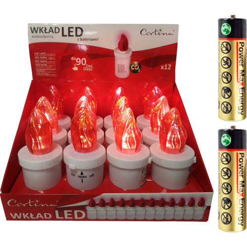 Zestaw 12 wkładów led, czerwony płomień, biała podstawa, wysokość  10,5 cm, średnica  4,5 cm, oryginalne opakowanie, baterie