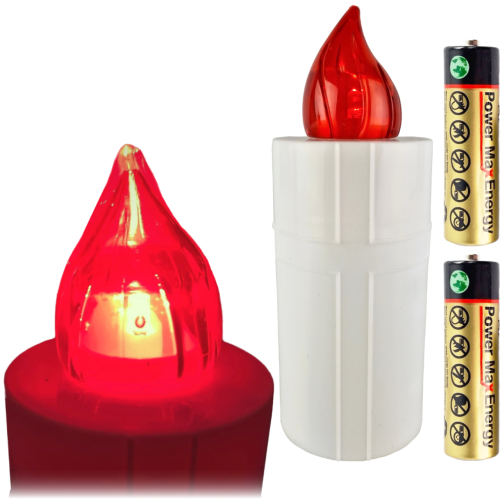 wkład led, czerwony płomień, biała podstawa, baterie, wysokość 15 cm średnica 5,5 cm