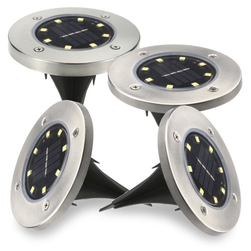Zestaw 4 lamp solarnych, najazdowe, okrągłe, srebrna góra,  ciepły biały