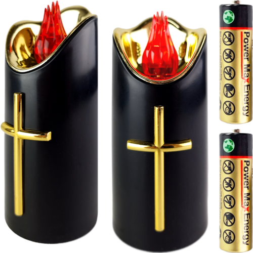 Świeczka czarna led z złotym krzyżem, czerwonym płomieniem z bateriami. Wysokość 12,5 cm średnica 5 cm