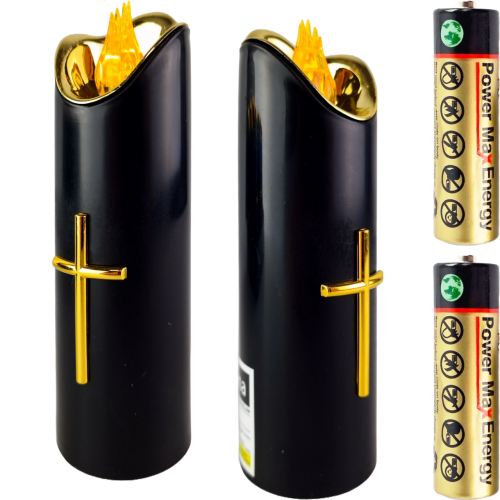 Świeczka czarna led z złotym krzyżem, żółtym płomieniem z bateriami. Wysokość 17 cm średnica 5 cm