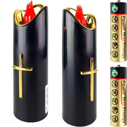 Świeczka czarna led z złotym krzyżem, czerwonym płomieniem z bateriami. Wysokość 17 cm średnica 5 cm