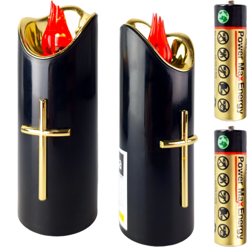 Świeczka czarna led z złotym krzyżem, czerwonym płomieniem z bateriami. Wysokość 15 cm średnica 5 cm