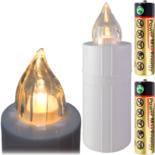 duży biały wkład led, kolor świecenia płomienia ciepły biały, wysokość  15 cm średnica 5,5 cm