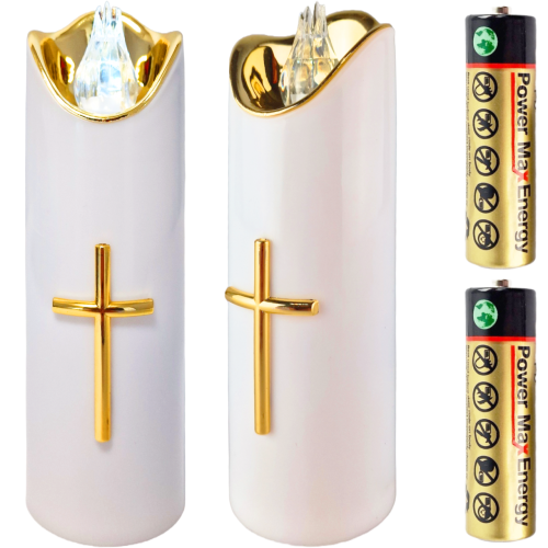 Świeca biała led z złotym krzyżem, kolor płomienia zimny biały , wysokość 17 cm średnica 5 cm