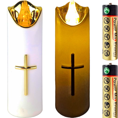 Świeczka biała led z złotym krzyżem, żółtym płomieniem z bateriami. Wysokość 17 cm średnica 5 cm