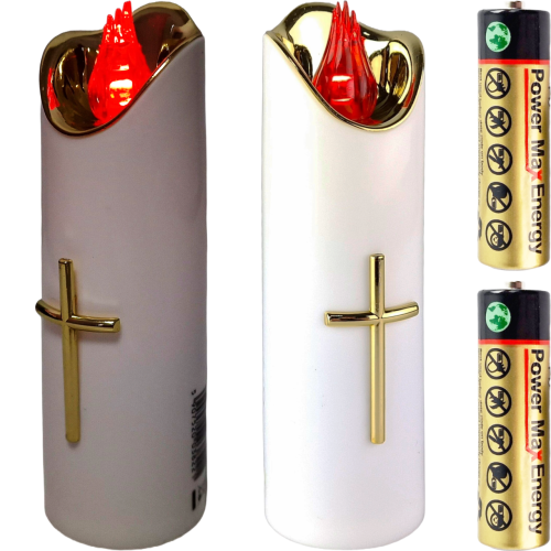 Biała świeca led z złotym krzyżem , płomień czerwony, wysokość 17 cm średnica 5 cm