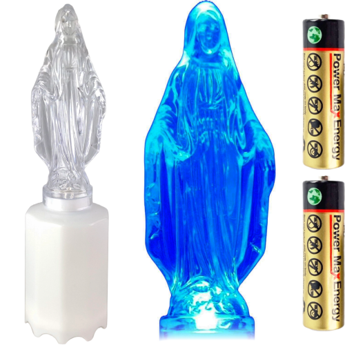 Wkład led Maryja na białej podstawie z bateriami. Kolor świecenia niebieski. Wysokość 17 cm szerokość  podstawy 4,8 cm