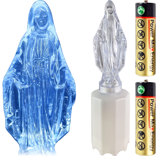 Wkład led Maryja na białej podstawie z bateriami. Kolor świecenia zimny biały. Wysokość 17 cm szerokość  podstawy 4,8 cm