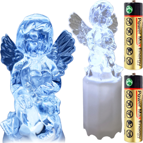 Wkład anioła na białej podstawie z bateriami. Kolor świecenia zimny biały.  Wysokość 15 cm średnica podstawy 4,8 cm szerokość 6 cm