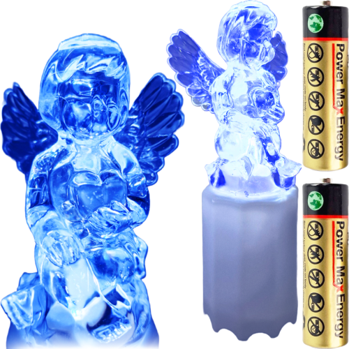 Wkład anioła na białej podstawie z bateriami. Kolor świecenia niebieski.  Wysokość 15 cm średnica podstawy 4,8 cm szerokość 6 cm