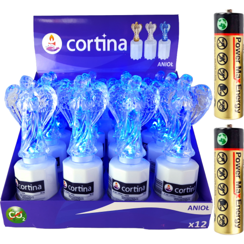Zestaw 12 wkładów aniołków led na białej podstawie z bateriami, kolor świecenia niebieski. Wysokość  16,6 cm średnica 6,5 cm