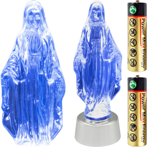 Wkład Maryjna na srebrnej podstawie z bateriami, kolor świecenia niebieski . Wysokość  22 cm szerokość  7,5 cm