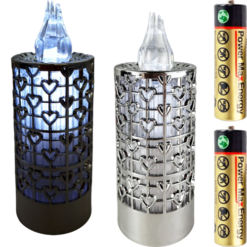 Świeca led ażurowa z bateriami, kolor ażuru srebrny świeczka przeźroczysta, kolor świecenia zimny biały, wysokość 15 cm średnica 5 cm