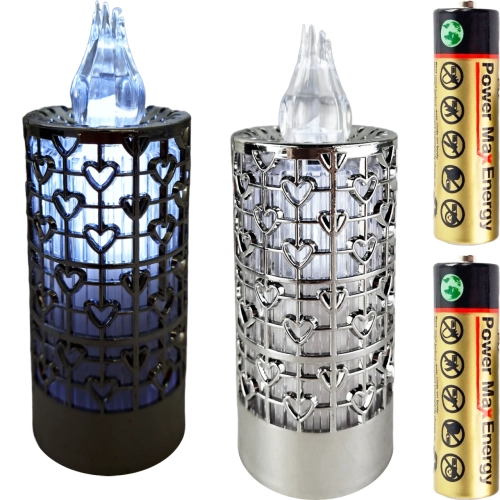 Świeca led ażurowa z bateriami, kolor ażuru srebrny świeczka przeźroczysta, kolor świecenia zimny biały, wysokość 15 cm średnica 5 cm