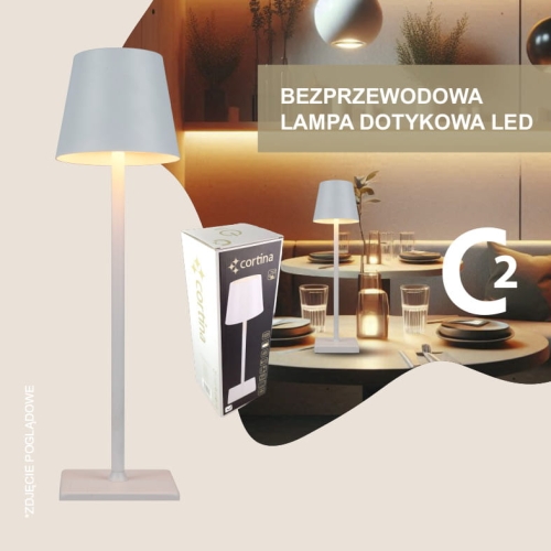 Biała lampa bezprzewodowa led, gładki klosz, wysokość 38 cm, oryginalne opakowanie