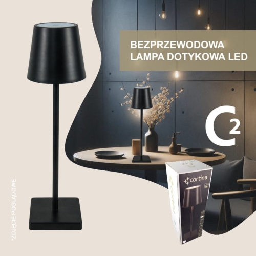 Czarna lampa bezprzewodowa led, gładki klosz, wysokość 38 cm, oryginalne opakowanie