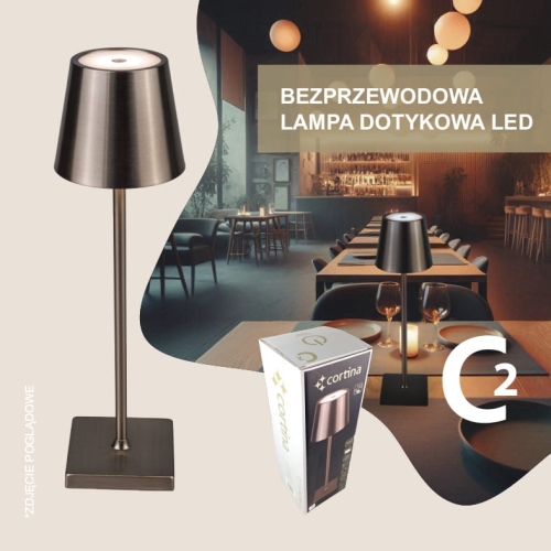 Srebrna lampa bezprzewodowa led, gładki klosz, wysokość 38 cm, oryginalne opakowanie