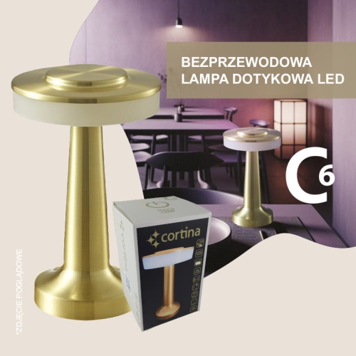Złota lampa bezprzewodowa led, z płaskim kloszem, oryginalne opakowanie, wysokość  20 cm