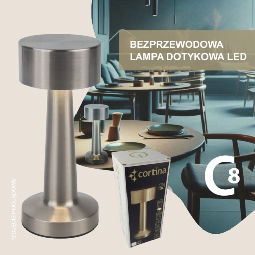 Srebrna lampa bezprzewodowa, z małym kloszem, wysokość 21 cm, oryginalne opakowanie