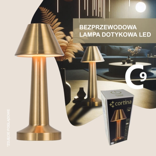 Złota lampa bezprzewodowa, na nóżce z małym stożkowym kloszem, wysokość  23 cm