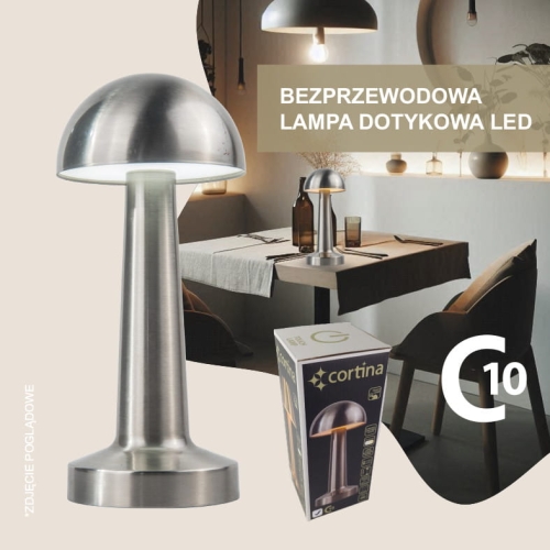 Srebrna lampa stołowa bezprzewodowa led, klosz w kształcie grzybka, wysokość  22 cm