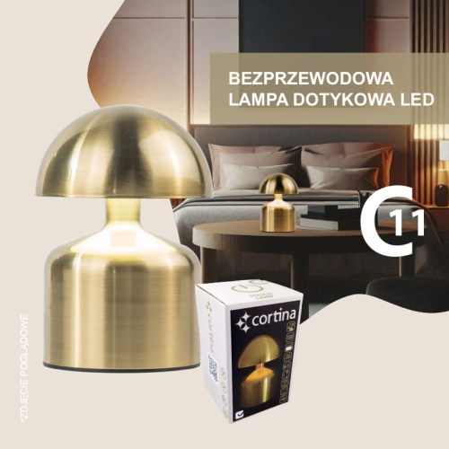 Lampa bezprzewodowa złota, klosz w kształcie grzybka, wysokość  14,5 cm