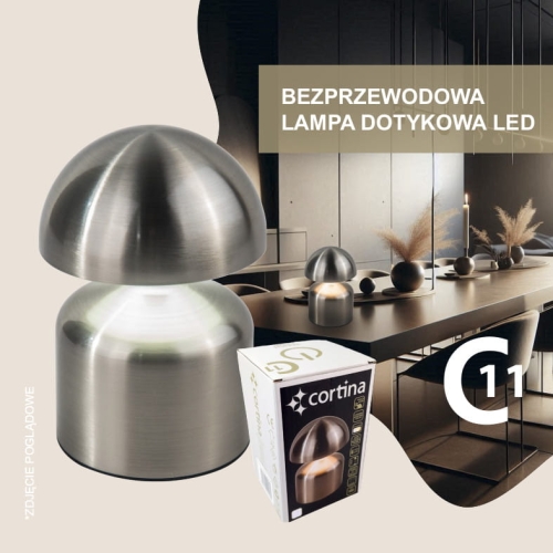 srebrna lampa bezprzewodowa, klosz w kształcie grzybka, wysokość 14,5 cm