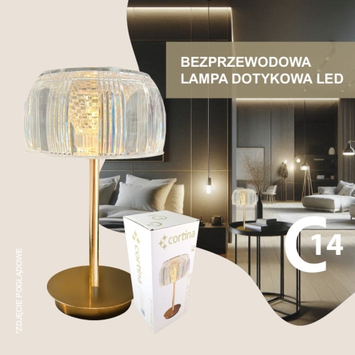 Złota lampa bezprzewodowa led, Przeźroczysty klosz, wysokość 26,5 cm, oryginalne opakowanie