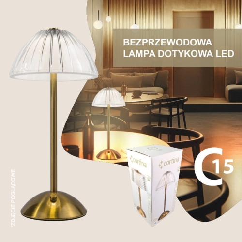 Lampa bezprzewodowa led, podstawa lampy złota, przeźroczysty klosz w kształcie grzybka, wysokość  30 cm