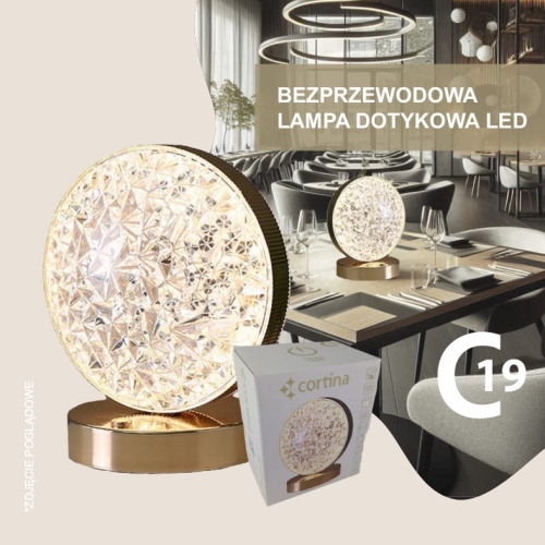 Bezprzewodowa lampa led, okrągła, przeźroczysta z złotą obramówką, na złotej płaskiej postawie, wysokość 15 cm