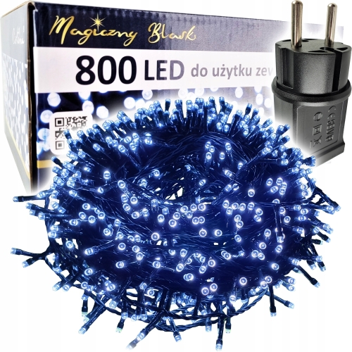 lampki choinkowe 800 led w kolorze zimnym białym, oryginalne pudełko oraz transformator