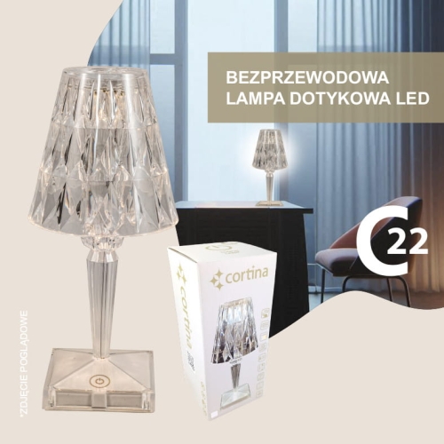 lampa stołowa bezprzewodowa, przeźroczysta, wysokość  26 cm
