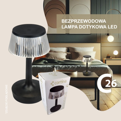lampa dekoracyjna, bezprzewodowa z przeźroczystymi karbowanymi bokami klosza z czarną górą oraz czarną podstawą, wysokość 23 cm