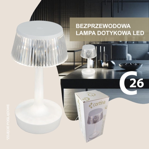 lampa dekoracyjna, bezprzewodowa z przeźroczystym karbowanym kloszem z białą górą oraz białą podstawą, wysokość 23 cm