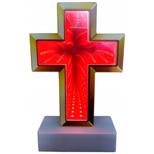 czerwony podświetlany krzyż led z złotą ramką, na białej podstawie, wysokość 20 cm szerokość 12,3 cm