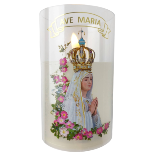 Świeca led w tubie,  nadruk Maryi oraz napis ave maria, ciepły biały, wysokość 15,5 cm średnica 7,5 cm
